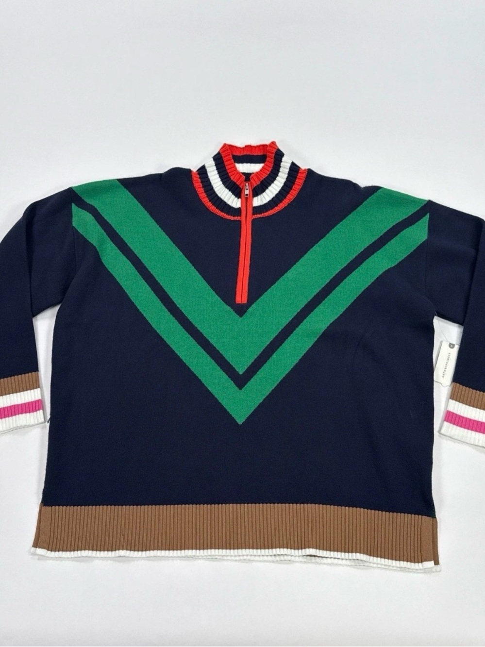 Navy Green Chevron Half-Zip Sweater
